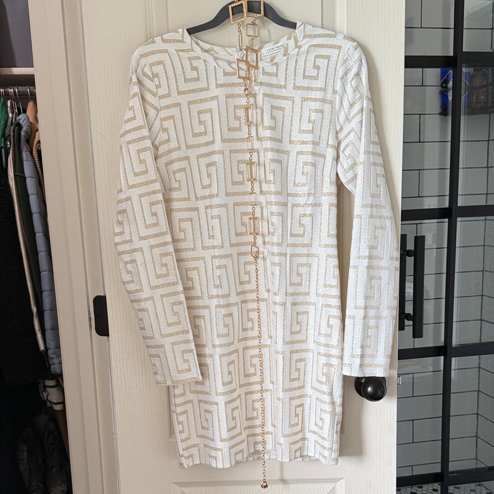 12th Tribe White Long Sleeve Dress with Gold Geometric Print